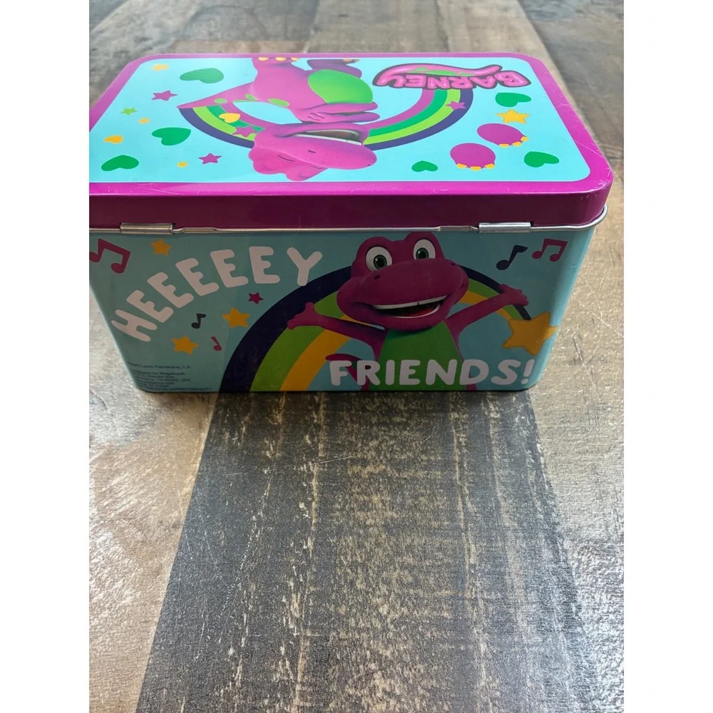 Barney the Dinosaur Metal Storage Tin Collectible Rainbow Friends Teal Purple